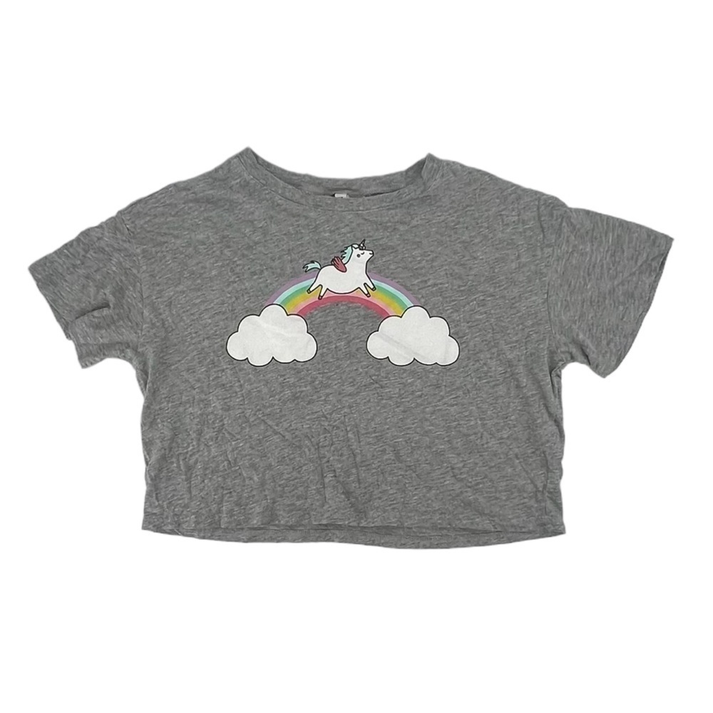 H&M Divided Gray Basic Short Sleeve Crop Unicorn Rainbow Shirt Size Med Women’s